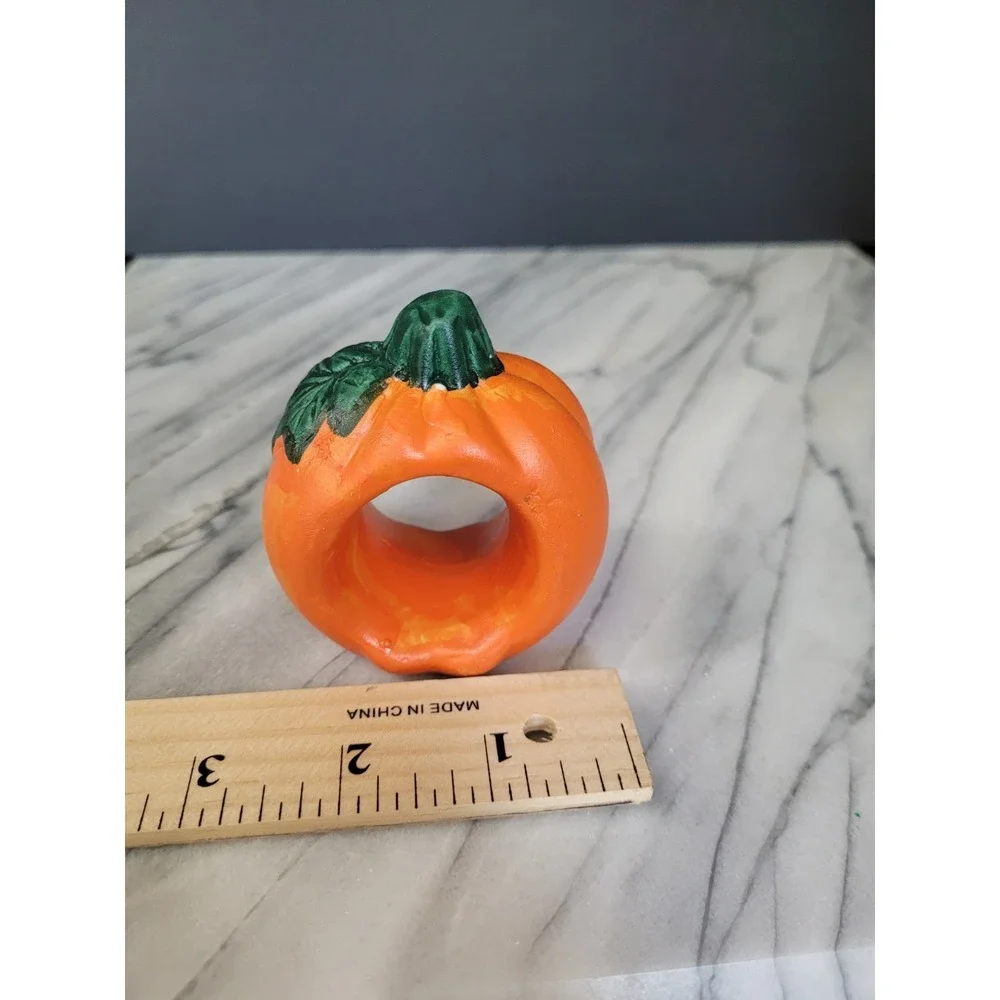 Vintage Ceramic Pumpkin Napkin Rings Set Of 4 Halloween Fall Thanksgiving 3